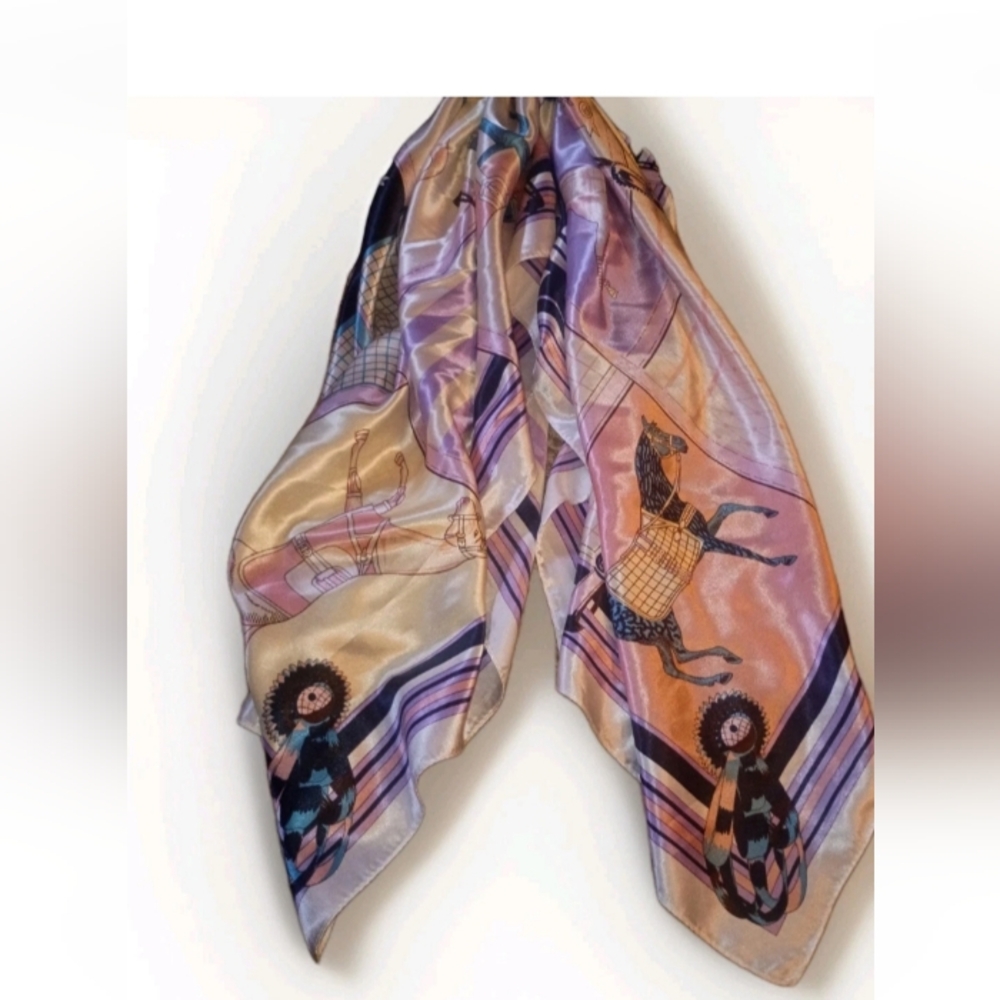 Retro Equestrian Horse Print Scarf Pastels Large 35"X35" Derby Races Horse Show